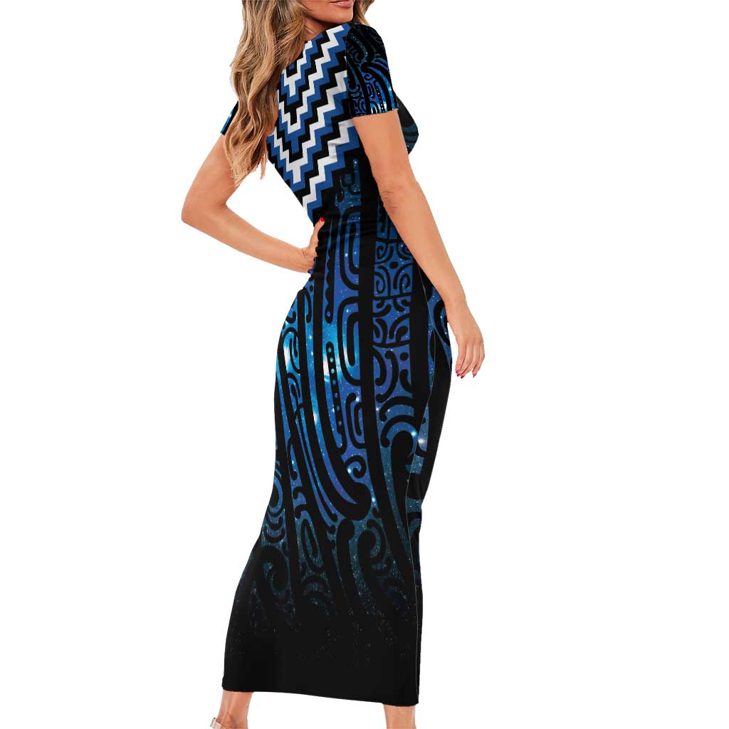 New Zealand Matariki Short Sleeve Bodycon Dress Galaxy Poutama Motifs LT7 - Polynesian Pride