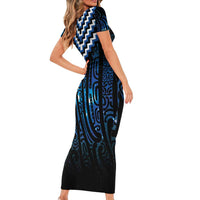 New Zealand Matariki Short Sleeve Bodycon Dress Galaxy Poutama Motifs LT7 - Polynesian Pride