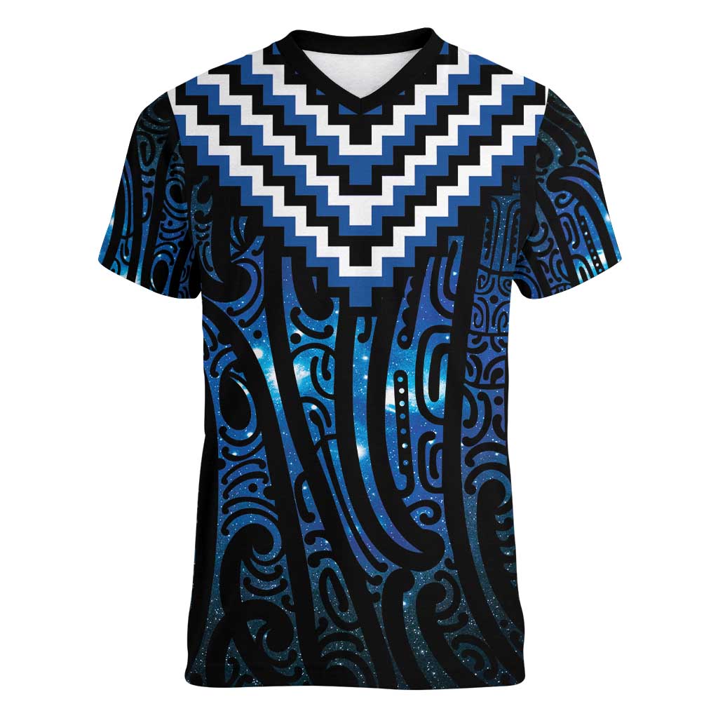 New Zealand Matariki Women V-Neck T-Shirt Galaxy Poutama Motifs LT7 Female Blue - Polynesian Pride