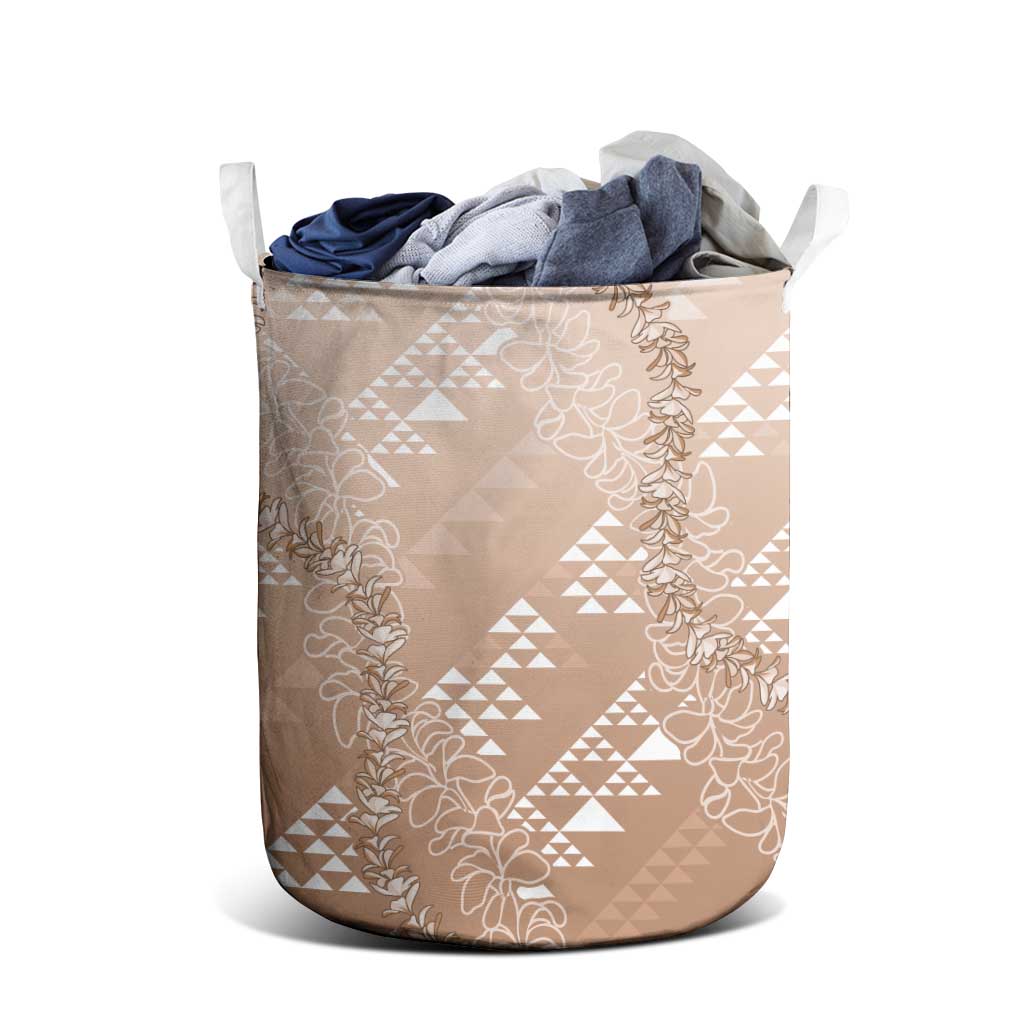 Hawaii Beige Kapa Laundry Basket Vintage 'Ohe Kāpala Motifs Mix Plumeria Leis