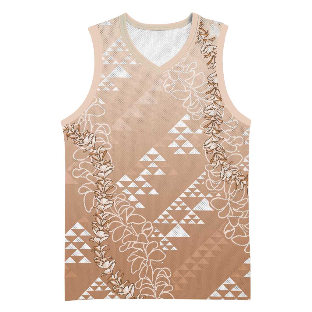 Hawaii Beige Kapa Basketball Jersey Vintage 'Ohe Kāpala Motifs Mix Plumeria Leis LT7 Unisex Beige - Polynesian Pride