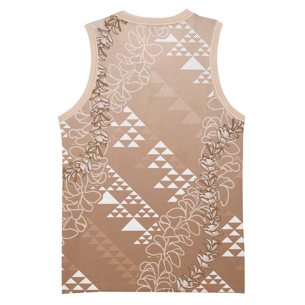 Hawaii Beige Kapa Basketball Jersey Vintage 'Ohe Kāpala Motifs Mix Plumeria Leis LT7 - Polynesian Pride