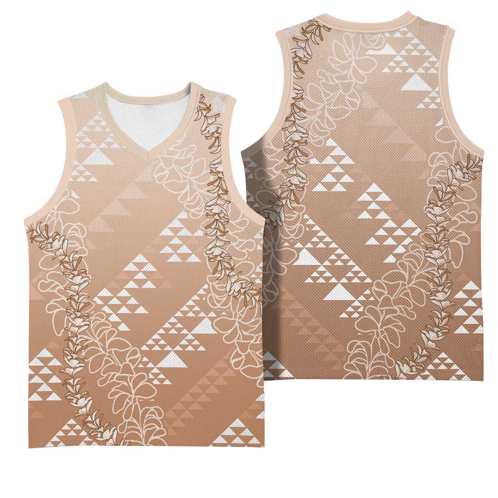 Hawaii Beige Kapa Basketball Jersey Vintage 'Ohe Kāpala Motifs Mix Plumeria Leis LT7 - Polynesian Pride