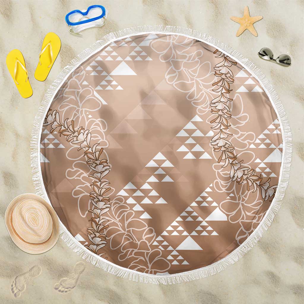 Hawaii Beige Kapa Beach Blanket Vintage 'Ohe Kāpala Motifs Mix Plumeria Leis