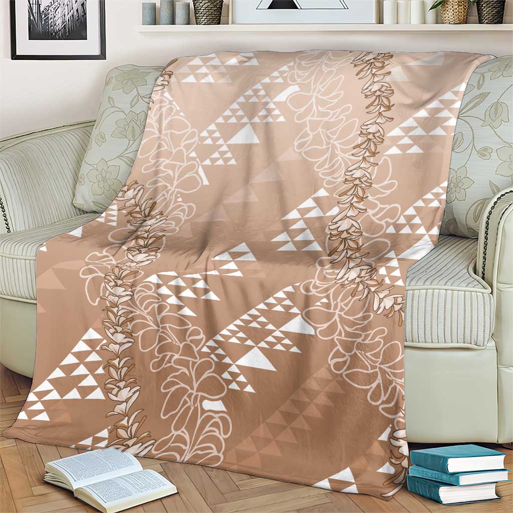 Hawaii Beige Kapa Blanket Vintage 'Ohe Kāpala Motifs Mix Plumeria Leis