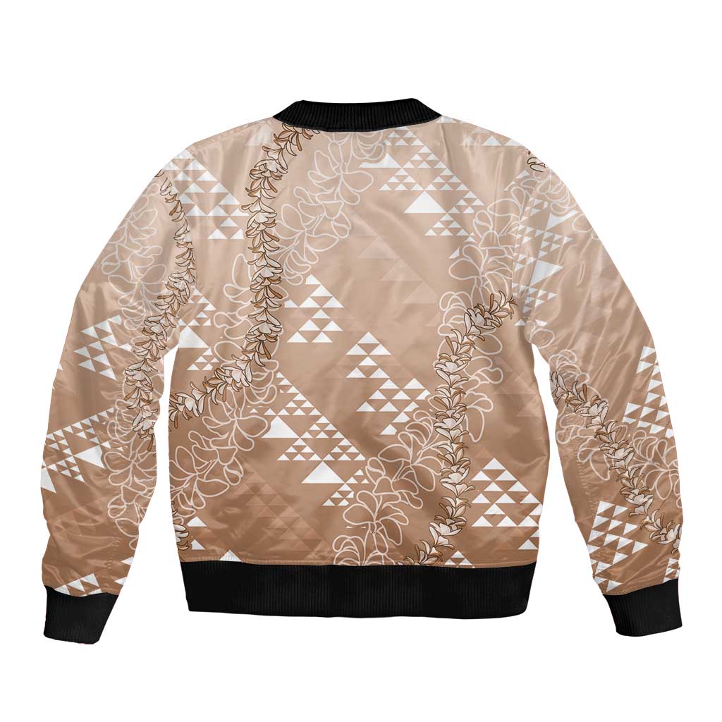 Hawaii Beige Kapa Bomber Jacket Vintage 'Ohe Kāpala Motifs Mix Plumeria Leis