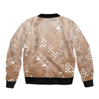 Hawaii Beige Kapa Bomber Jacket Vintage 'Ohe Kāpala Motifs Mix Plumeria Leis