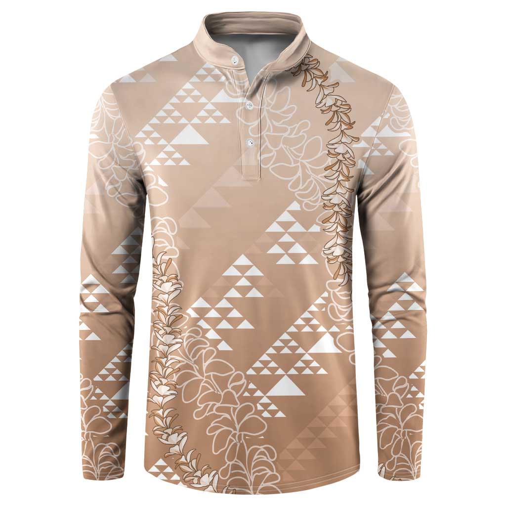 Hawaii Beige Kapa Button Sweatshirt Vintage 'Ohe Kāpala Motifs Mix Plumeria Leis