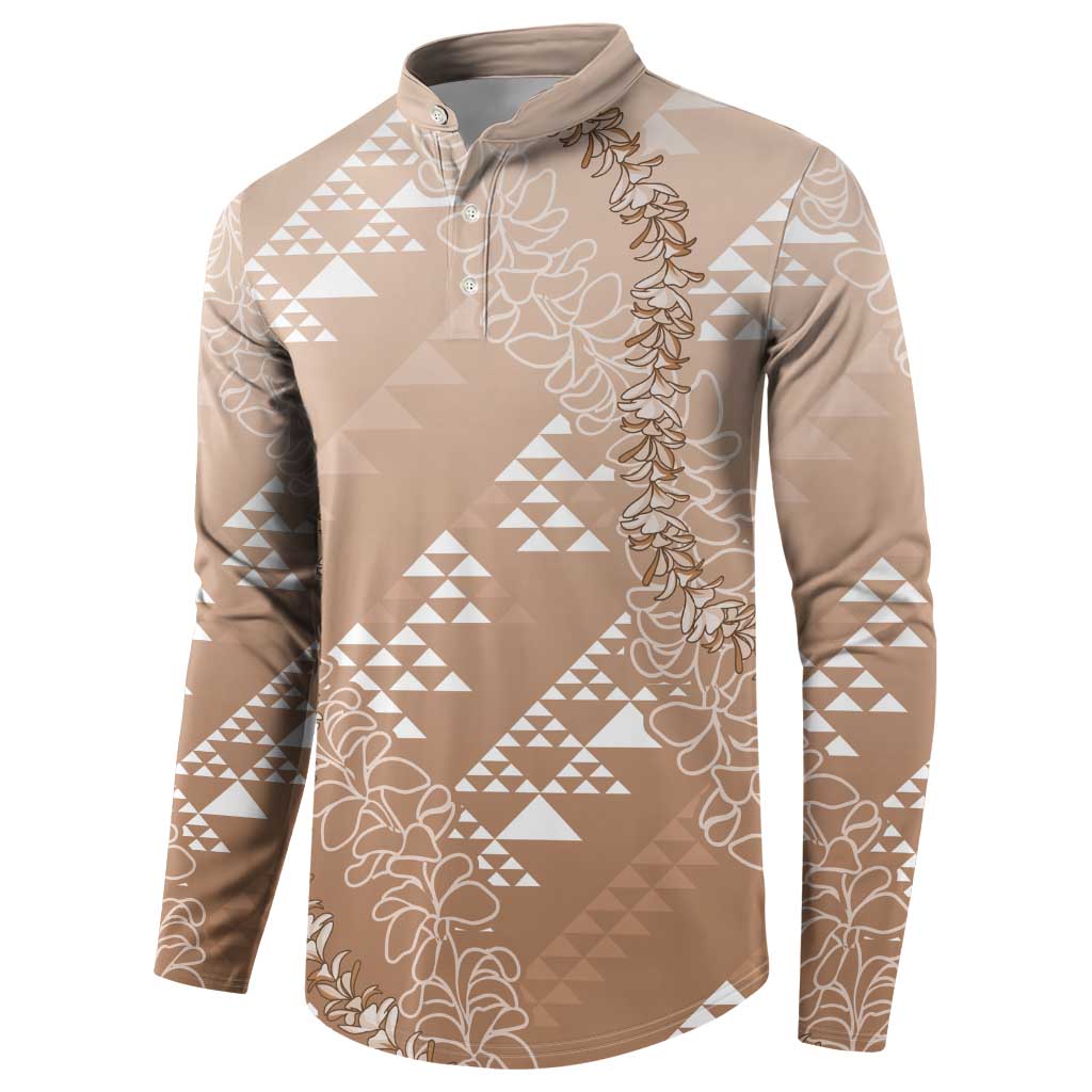 Hawaii Beige Kapa Button Sweatshirt Vintage 'Ohe Kāpala Motifs Mix Plumeria Leis