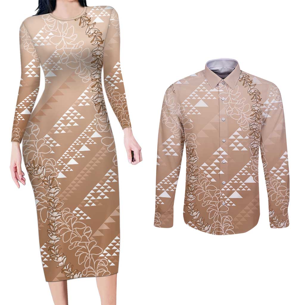 Hawaii Beige Kapa Couples Matching Long Sleeve Bodycon Dress and Long Sleeve Button Shirt Vintage 'Ohe Kāpala Motifs Mix Plumeria Leis LT7 Beige - Polynesian Pride
