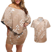 Hawaii Beige Kapa Couples Matching Off Shoulder Short Dress and Hawaiian Shirt Vintage 'Ohe Kāpala Motifs Mix Plumeria Leis LT7 Beige - Polynesian Pride