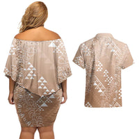 Hawaii Beige Kapa Couples Matching Off Shoulder Short Dress and Hawaiian Shirt Vintage 'Ohe Kāpala Motifs Mix Plumeria Leis LT7 - Polynesian Pride