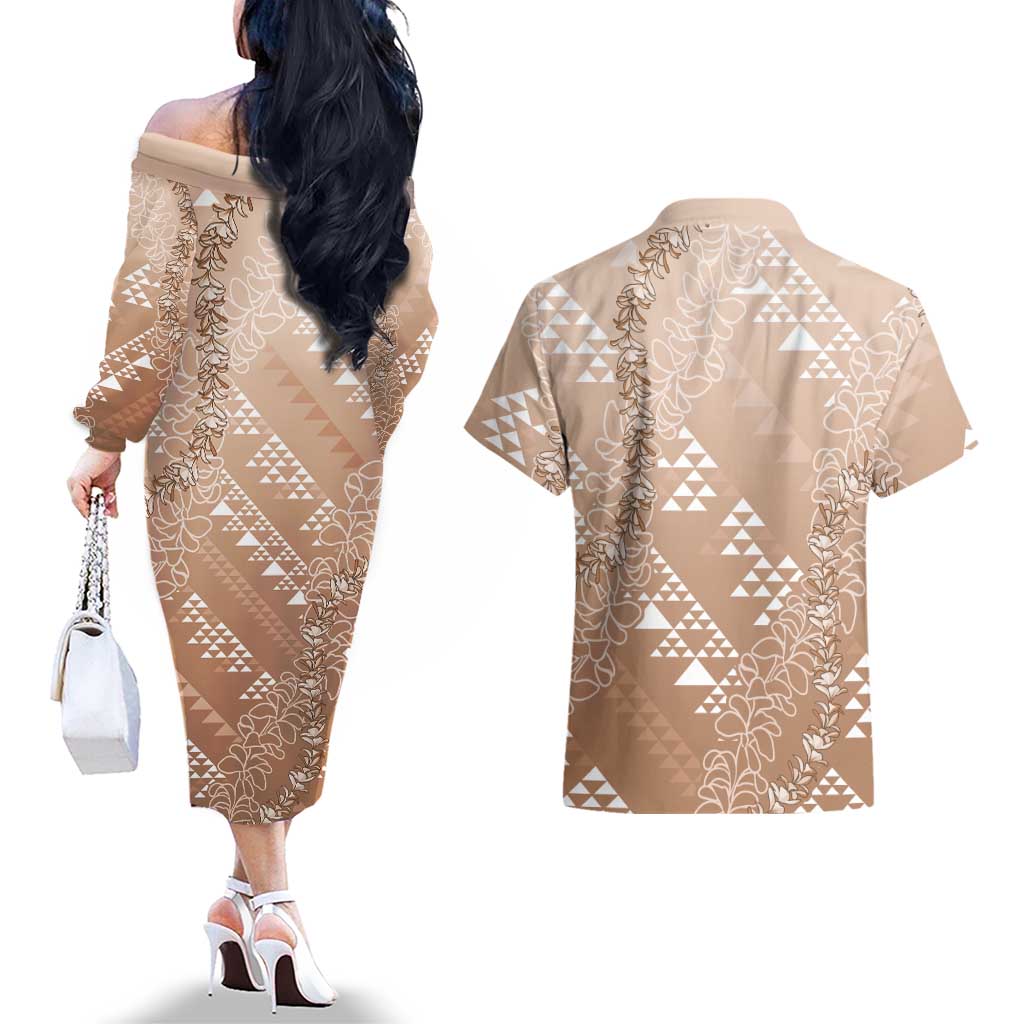 Hawaii Beige Kapa Couples Matching Off The Shoulder Long Sleeve Dress and Hawaiian Shirt Vintage 'Ohe Kāpala Motifs Mix Plumeria Leis LT7 - Polynesian Pride