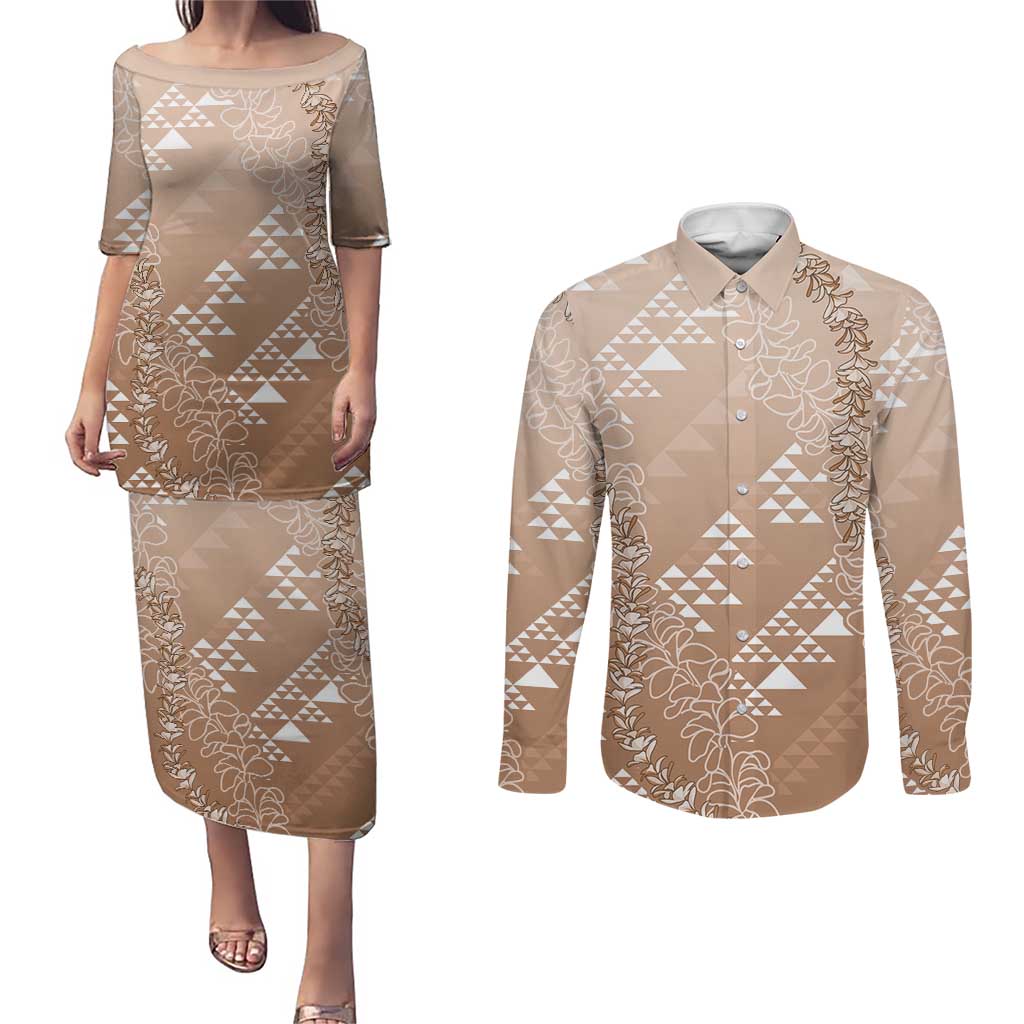 Hawaii Beige Kapa Couples Matching Puletasi and Long Sleeve Button Shirt Vintage 'Ohe Kāpala Motifs Mix Plumeria Leis LT7 Beige - Polynesian Pride
