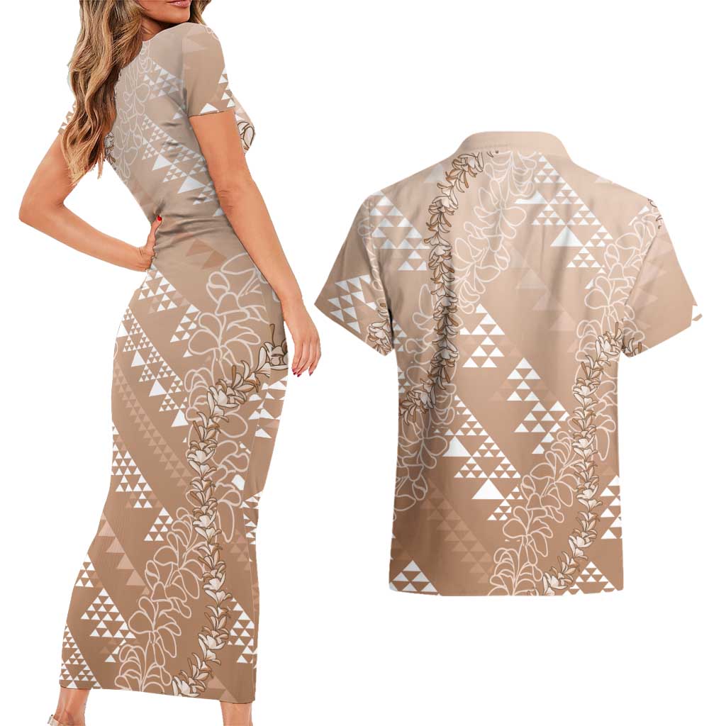 Hawaii Beige Kapa Couples Matching Short Sleeve Bodycon Dress and Hawaiian Shirt Vintage 'Ohe Kāpala Motifs Mix Plumeria Leis LT7 - Polynesian Pride