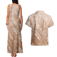 Hawaii Beige Kapa Couples Matching Tank Maxi Dress and Hawaiian Shirt Vintage 'Ohe Kāpala Motifs Mix Plumeria Leis LT7 - Polynesian Pride