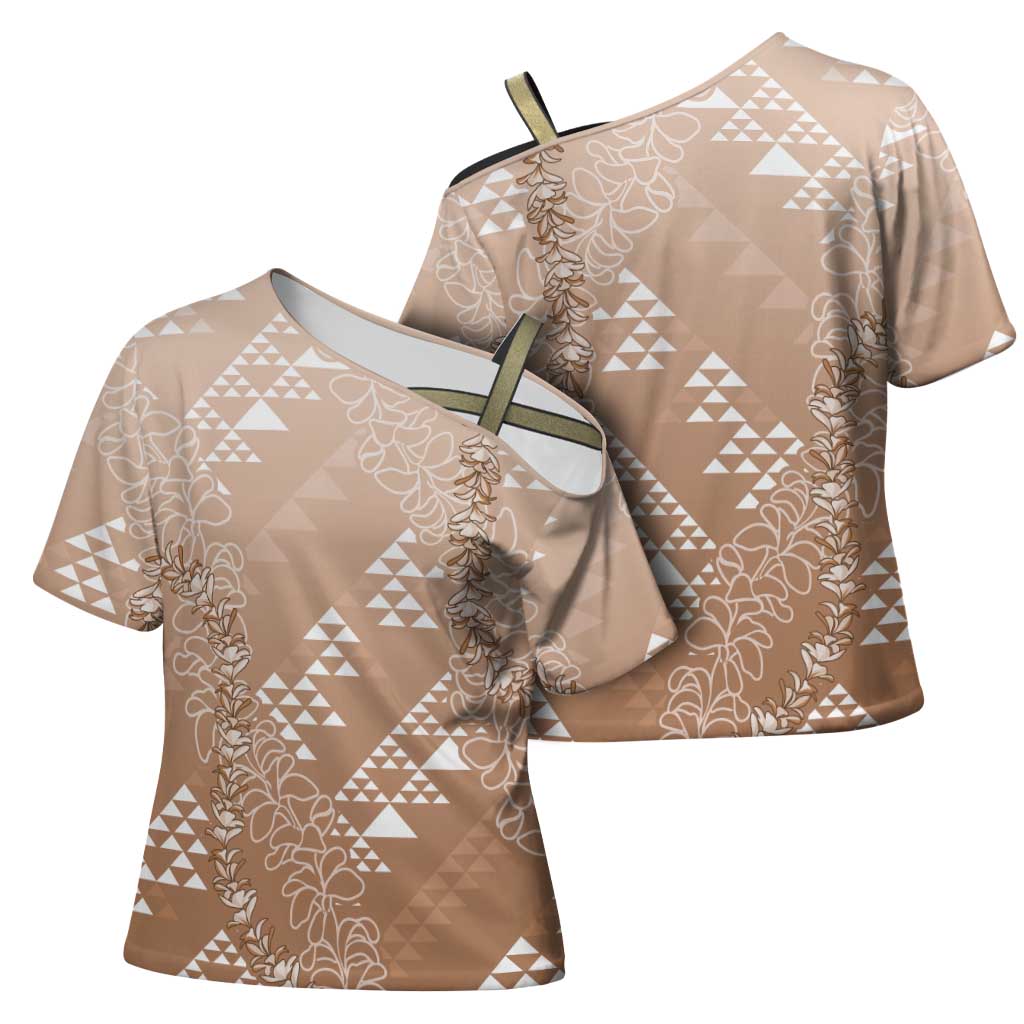 Hawaii Beige Kapa Cross Shoulder Shirt Vintage 'Ohe Kāpala Motifs Mix Plumeria Leis LT7 - Polynesian Pride