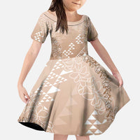 Hawaii Beige Kapa Family Matching Off The Shoulder Long Sleeve Dress and Hawaiian Shirt Vintage 'Ohe Kāpala Motifs Mix Plumeria Leis LT7 Daughter's Dress Beige - Polynesian Pride