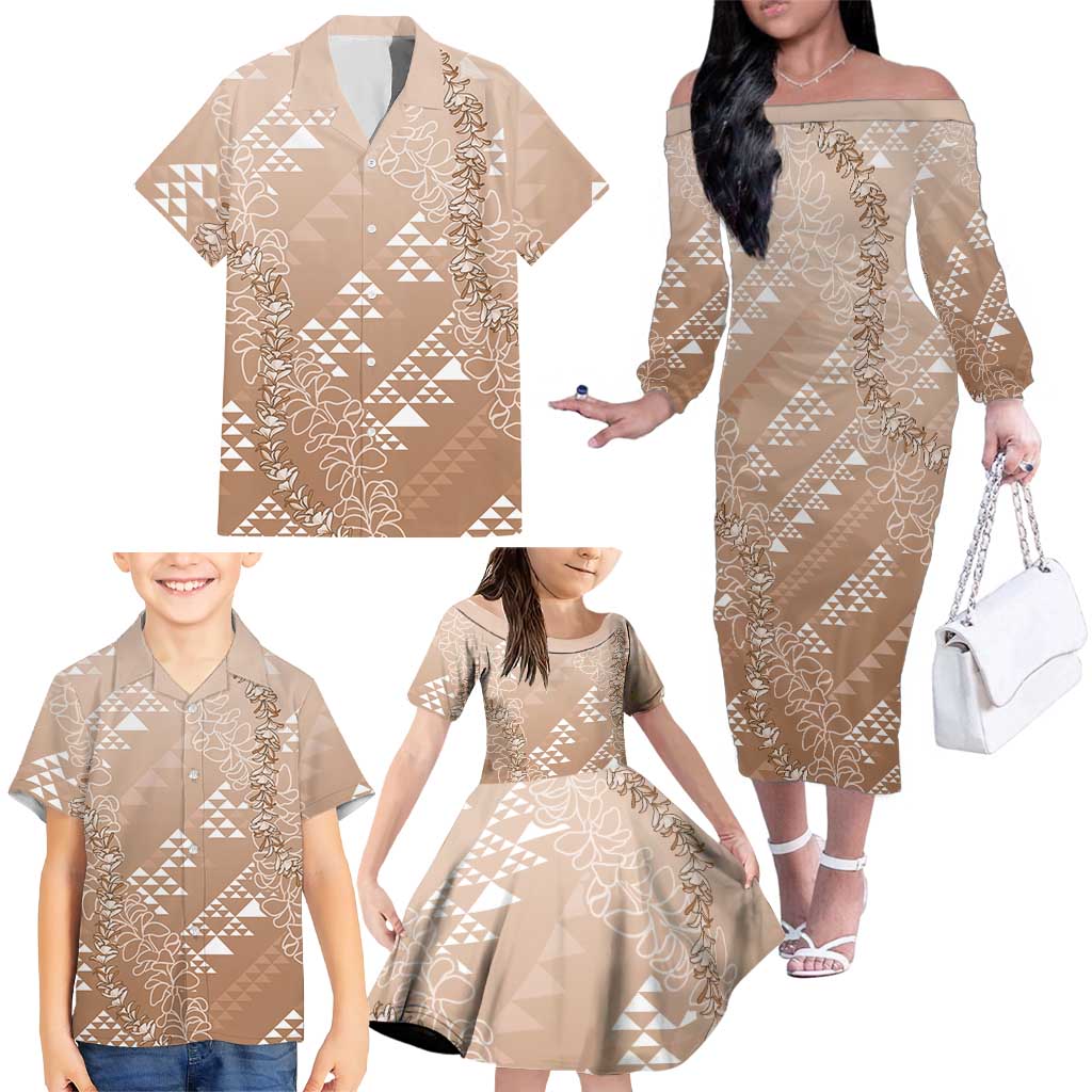 Hawaii Beige Kapa Family Matching Off The Shoulder Long Sleeve Dress and Hawaiian Shirt Vintage 'Ohe Kāpala Motifs Mix Plumeria Leis
