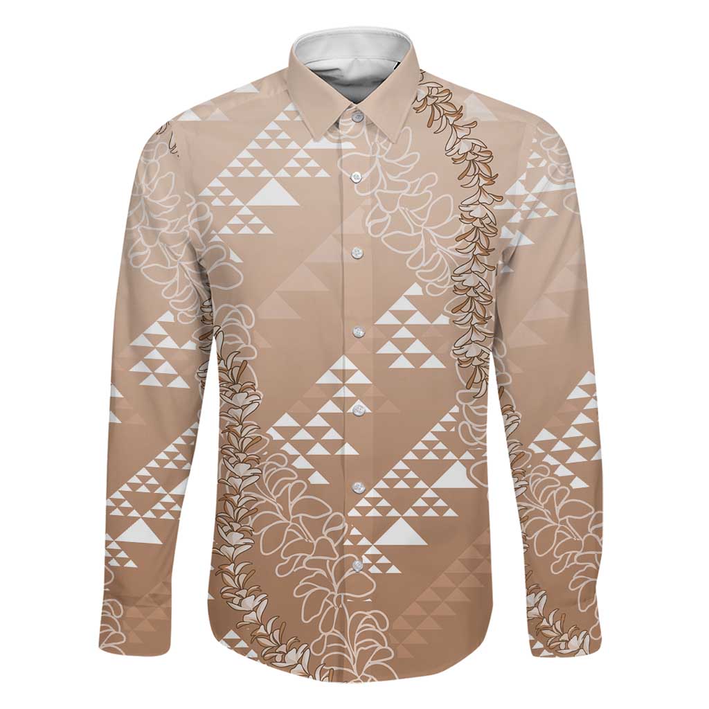 Hawaii Beige Kapa Family Matching Off Shoulder Maxi Dress and Hawaiian Shirt Vintage 'Ohe Kāpala Motifs Mix Plumeria Leis LT7 Dad's Shirt - Long Sleeve Beige - Polynesian Pride