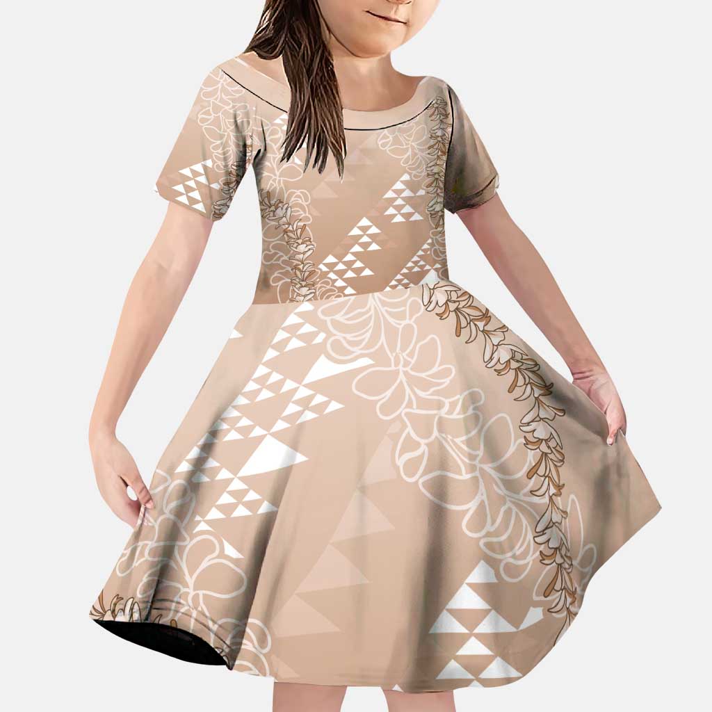 Hawaii Beige Kapa Family Matching Puletasi and Hawaiian Shirt Vintage 'Ohe Kāpala Motifs Mix Plumeria Leis LT7 Daughter's Dress Beige - Polynesian Pride