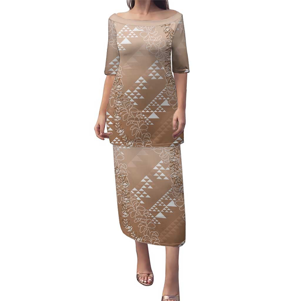 Hawaii Beige Kapa Family Matching Puletasi and Hawaiian Shirt Vintage 'Ohe Kāpala Motifs Mix Plumeria Leis LT7 Mom's Dress Beige - Polynesian Pride