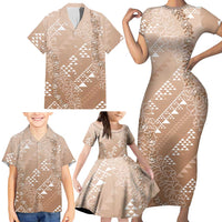 Hawaii Beige Kapa Family Matching Short Sleeve Bodycon Dress and Hawaiian Shirt Vintage 'Ohe Kāpala Motifs Mix Plumeria Leis LT7 - Polynesian Pride