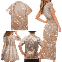 Hawaii Beige Kapa Family Matching Short Sleeve Bodycon Dress and Hawaiian Shirt Vintage 'Ohe Kāpala Motifs Mix Plumeria Leis LT7 - Polynesian Pride