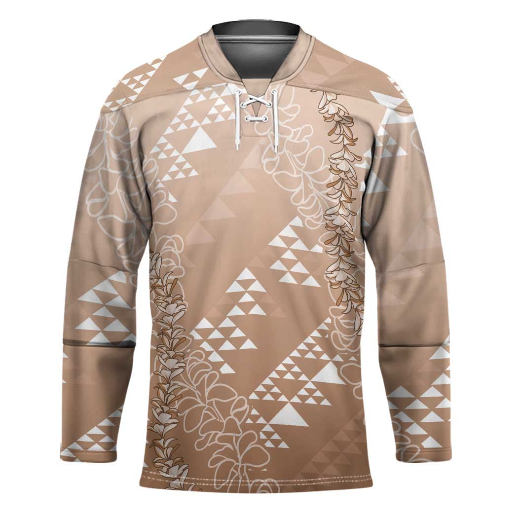 Hawaii Beige Kapa Hockey Jersey Vintage 'Ohe Kāpala Motifs Mix Plumeria Leis LT7 Unisex Beige - Polynesian Pride