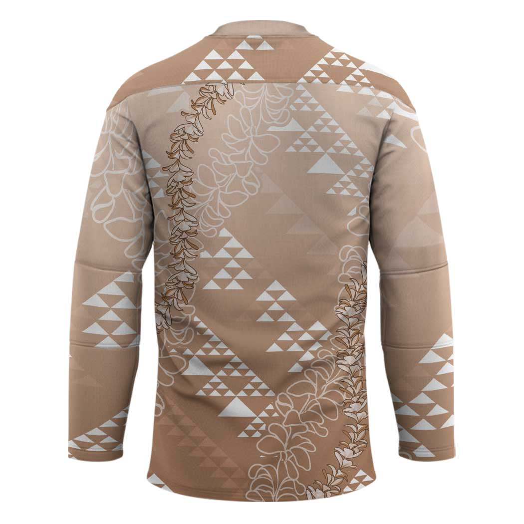 Hawaii Beige Kapa Hockey Jersey Vintage 'Ohe Kāpala Motifs Mix Plumeria Leis LT7 - Polynesian Pride