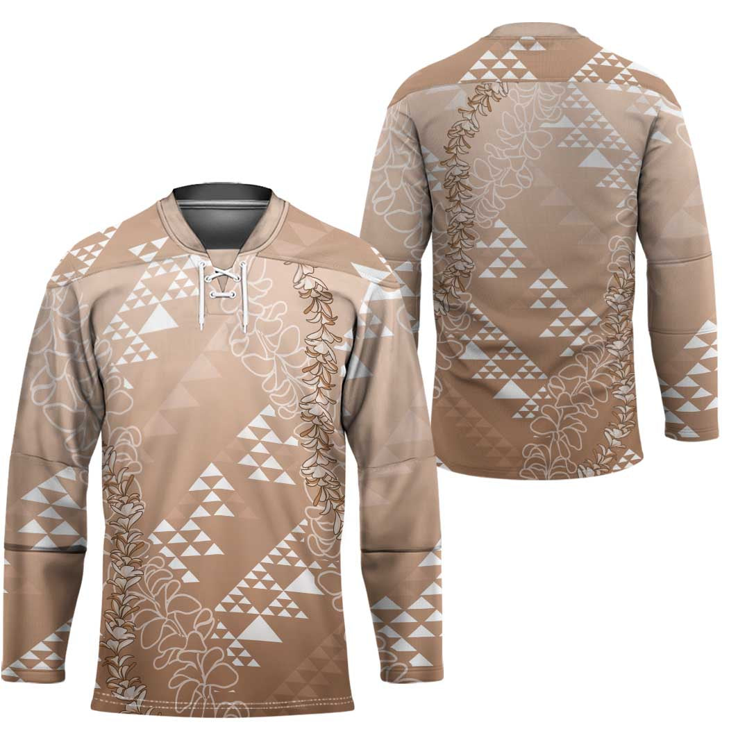 Hawaii Beige Kapa Hockey Jersey Vintage 'Ohe Kāpala Motifs Mix Plumeria Leis LT7 - Polynesian Pride