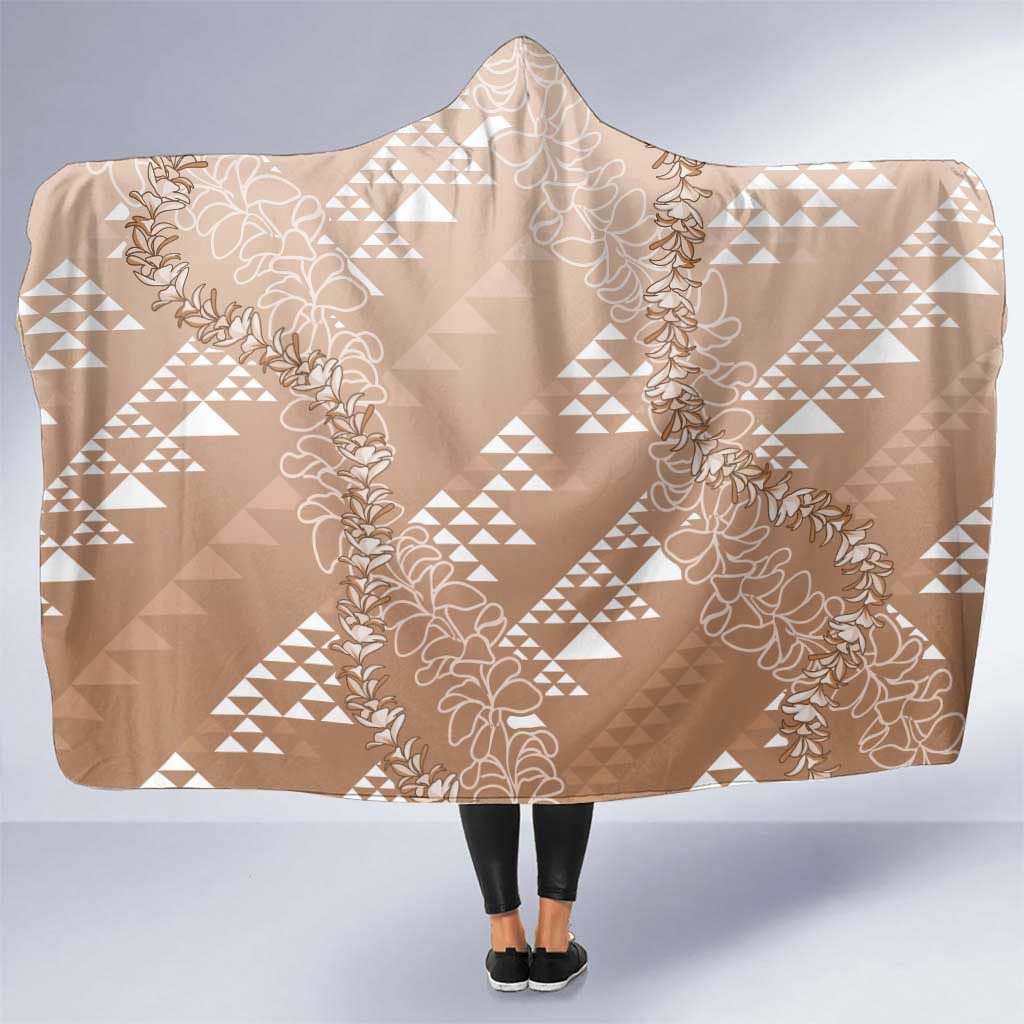 Hawaii Beige Kapa Hooded Blanket Vintage 'Ohe Kāpala Motifs Mix Plumeria Leis