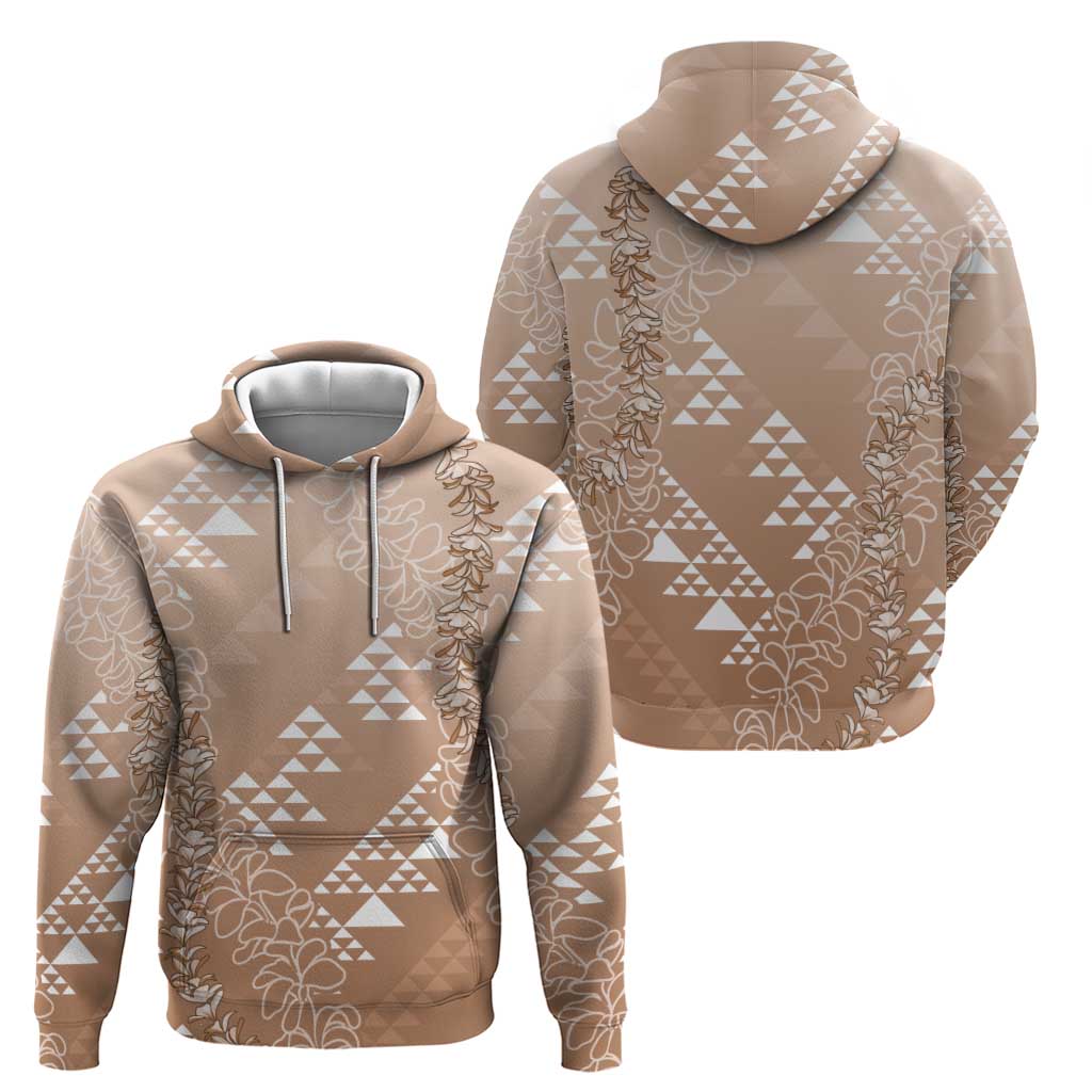 Hawaii Beige Kapa Hoodie Vintage 'Ohe Kāpala Motifs Mix Plumeria Leis LT7 - Polynesian Pride
