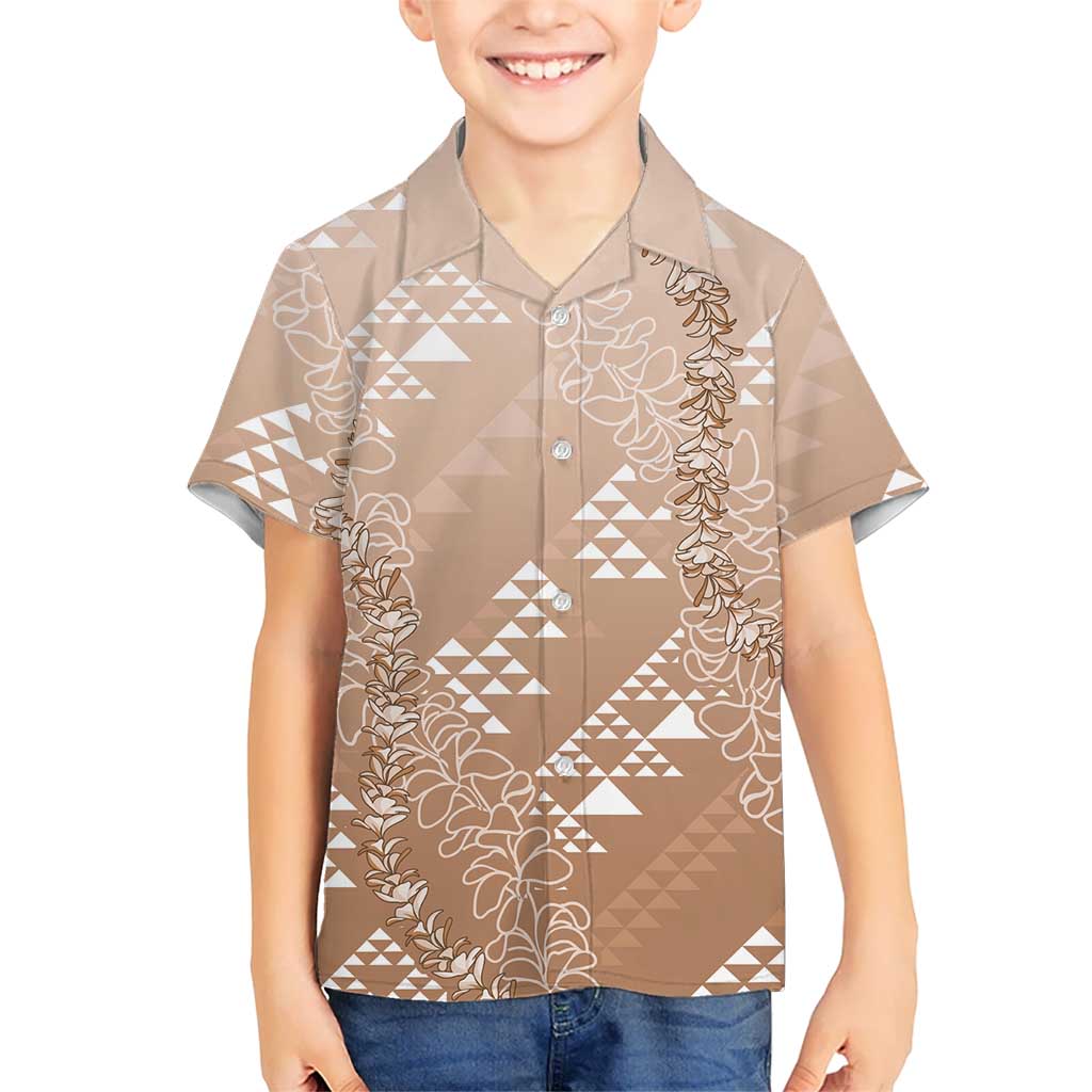 Hawaii Beige Kapa Kid Hawaiian Shirt Vintage 'Ohe Kāpala Motifs Mix Plumeria Leis LT7 Kid Beige - Polynesian Pride