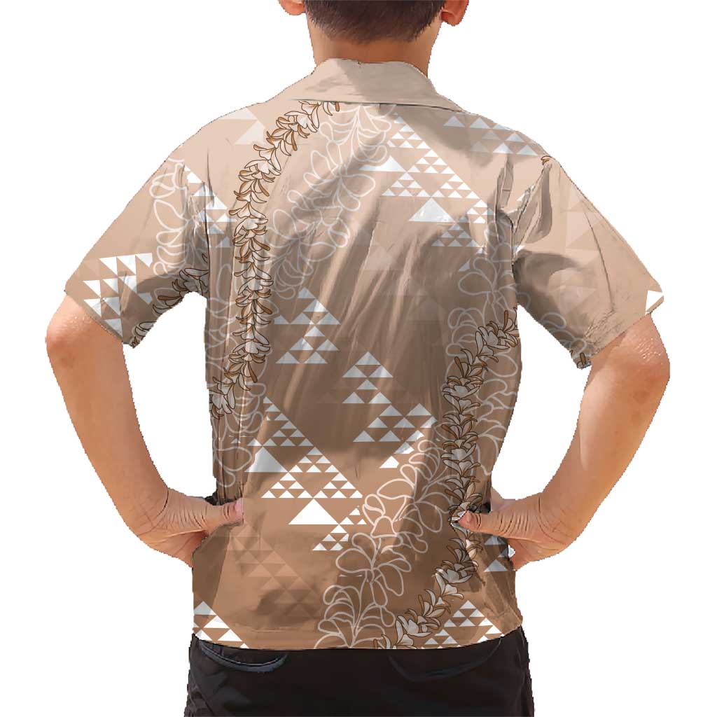 Hawaii Beige Kapa Kid Hawaiian Shirt Vintage 'Ohe Kāpala Motifs Mix Plumeria Leis LT7 - Polynesian Pride