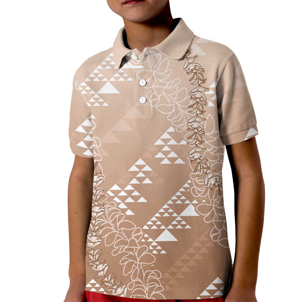 Hawaii Beige Kapa Kid Polo Shirt Vintage 'Ohe Kāpala Motifs Mix Plumeria Leis LT7 Kid Beige - Polynesian Pride