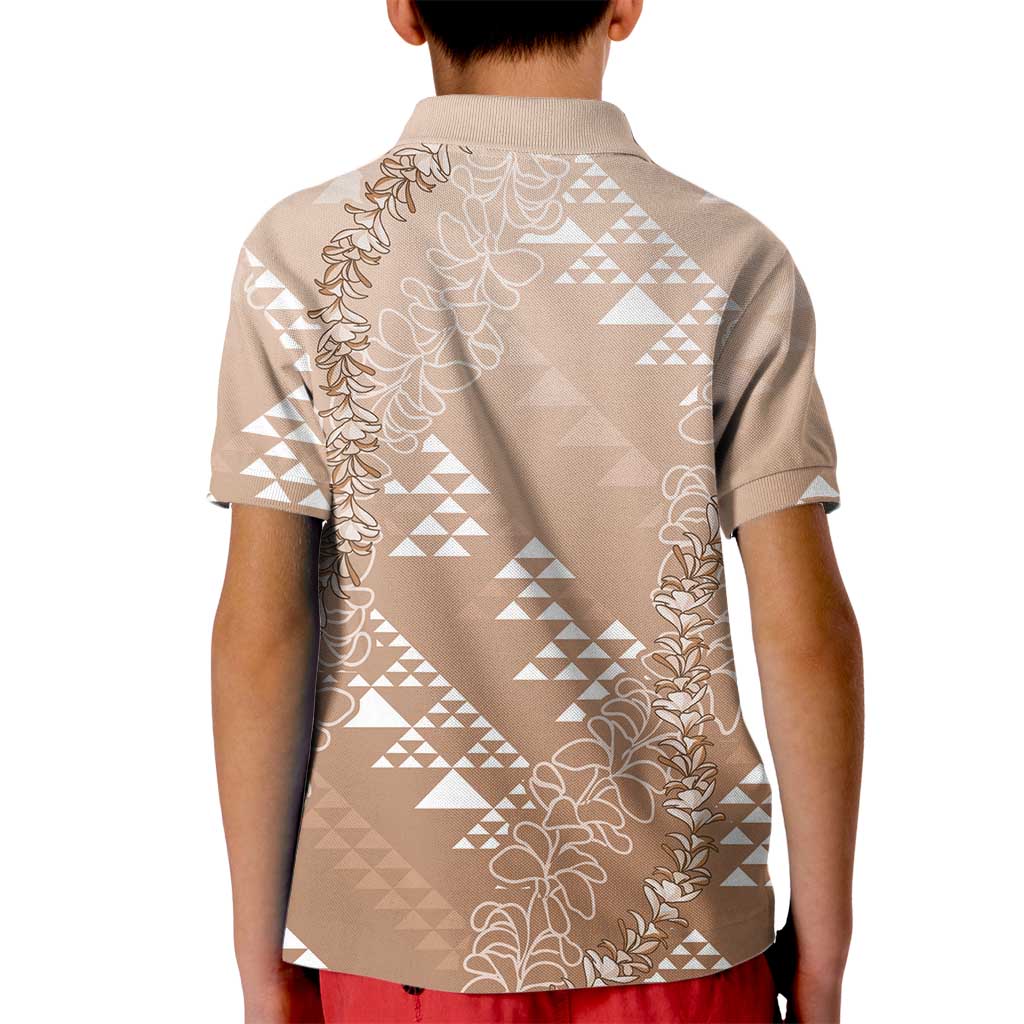 Hawaii Beige Kapa Kid Polo Shirt Vintage 'Ohe Kāpala Motifs Mix Plumeria Leis LT7 - Polynesian Pride