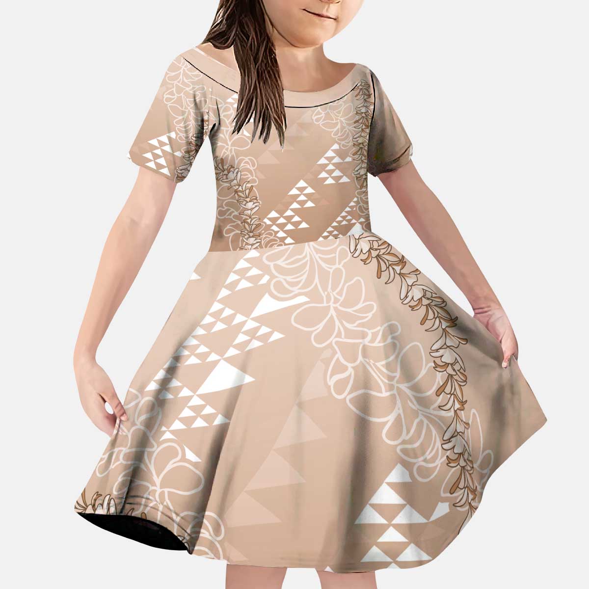 Hawaii Beige Kapa Kid Short Sleeve Dress Vintage 'Ohe Kāpala Motifs Mix Plumeria Leis LT7 KID Beige - Polynesian Pride