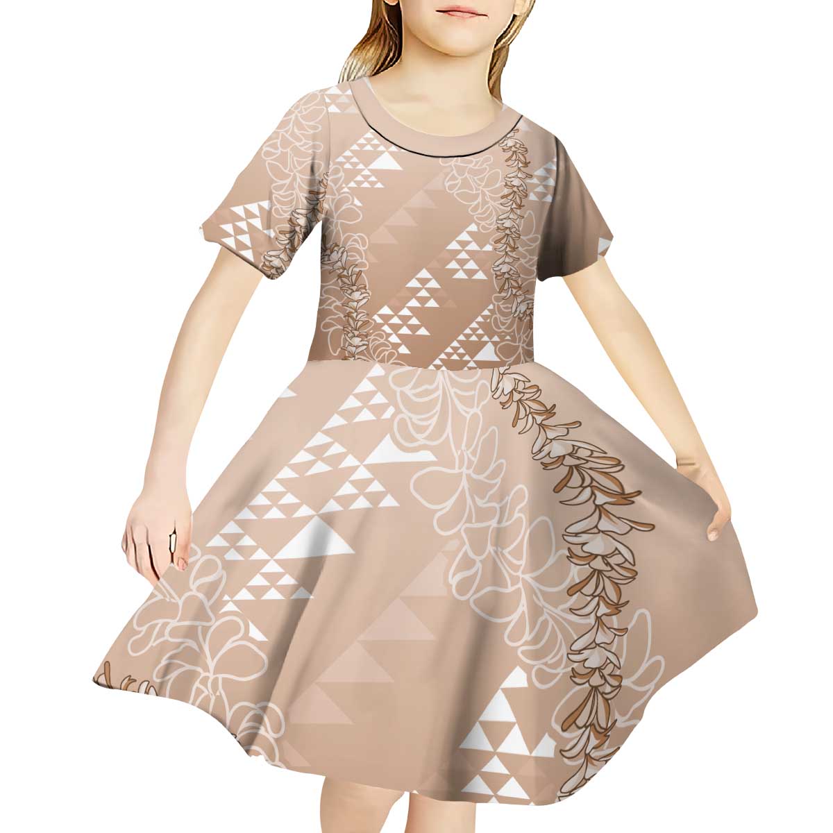 Hawaii Beige Kapa Kid Short Sleeve Dress Vintage 'Ohe Kāpala Motifs Mix Plumeria Leis LT7 - Polynesian Pride