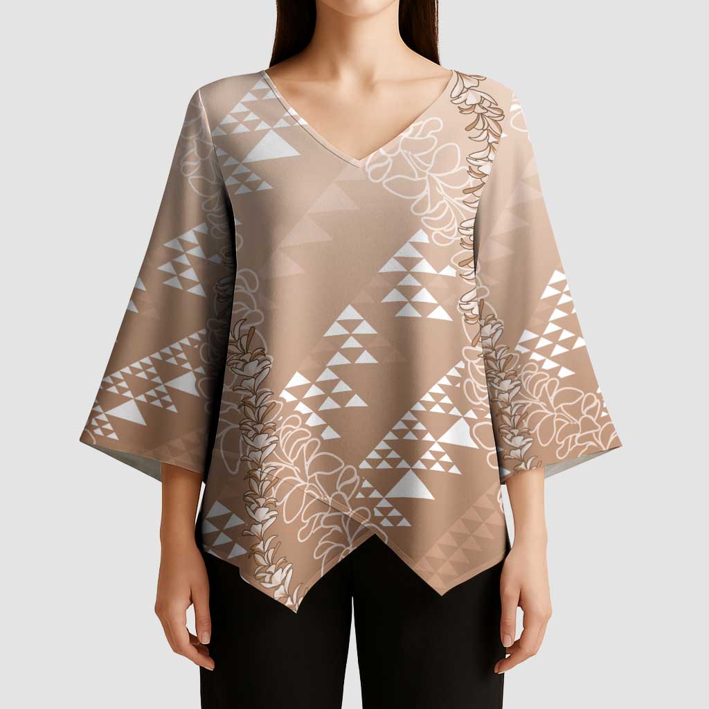 Hawaii Beige Kapa Kimono Sleeve Blouse Vintage 'Ohe Kāpala Motifs Mix Plumeria Leis LT7 - Polynesian Pride