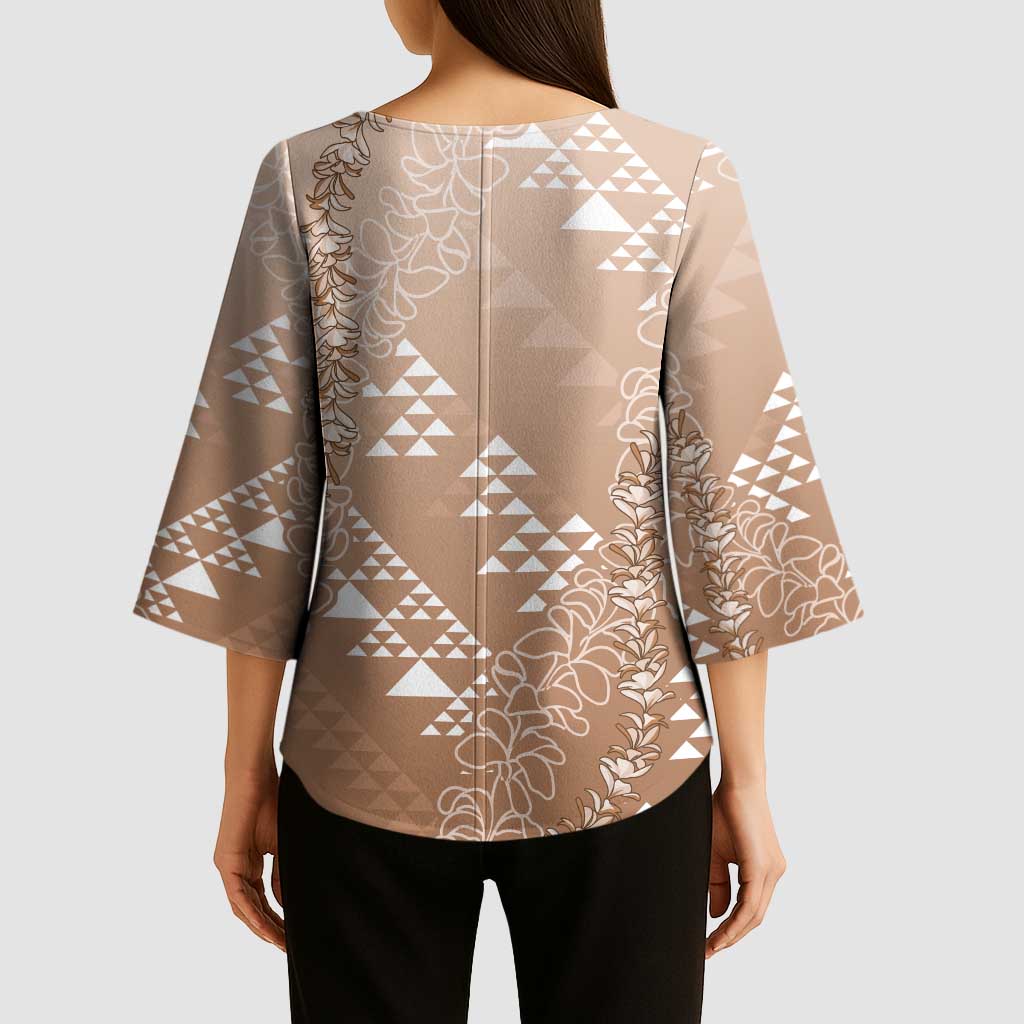 Hawaii Beige Kapa Kimono Sleeve Blouse Vintage 'Ohe Kāpala Motifs Mix Plumeria Leis LT7 - Polynesian Pride