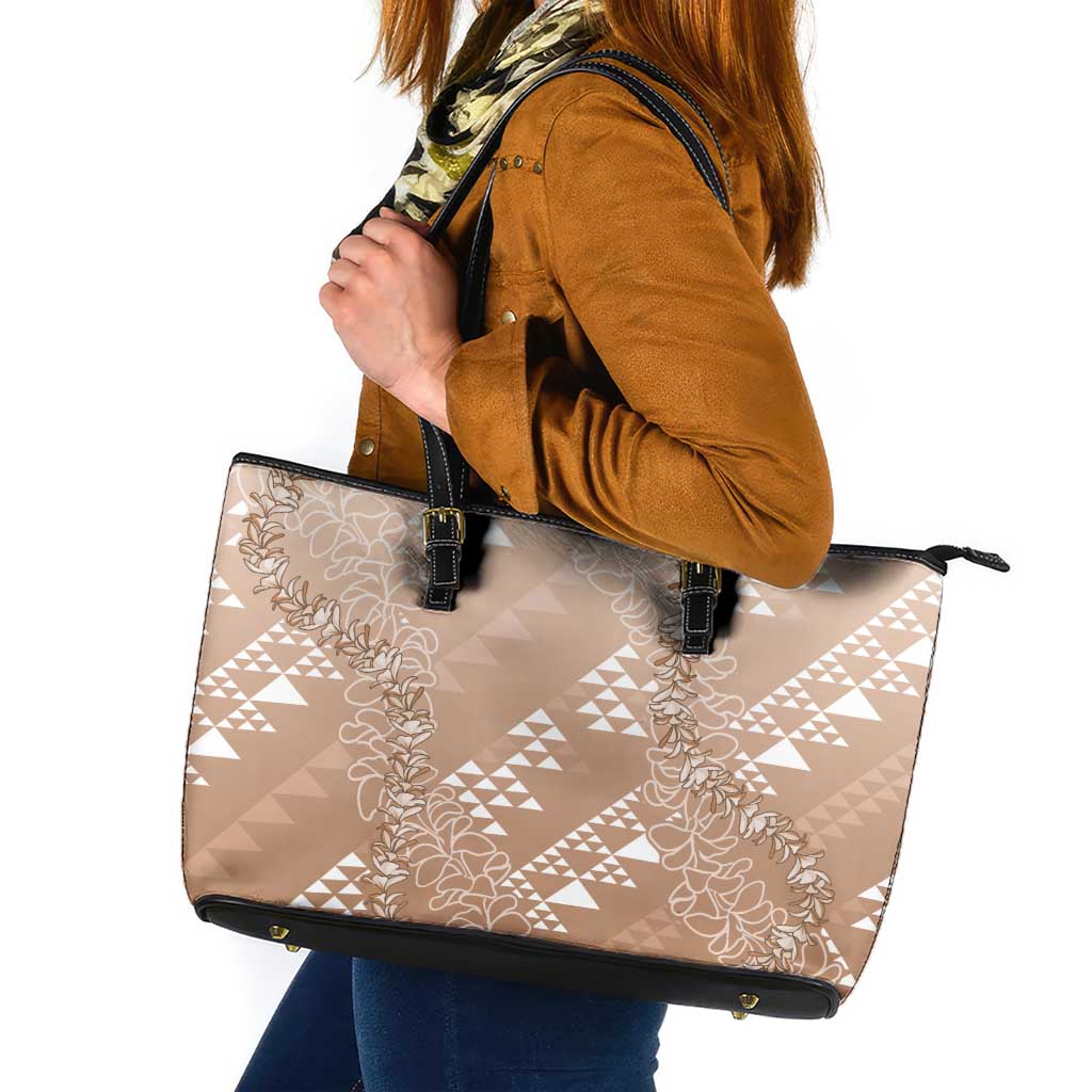 Hawaii Beige Kapa Leather Tote Bag Vintage 'Ohe Kāpala Motifs Mix Plumeria Leis LT7 Beige - Polynesian Pride