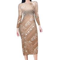 Hawaii Beige Kapa Long Sleeve Bodycon Dress Vintage 'Ohe Kāpala Motifs Mix Plumeria Leis LT7 Long Dress Beige - Polynesian Pride