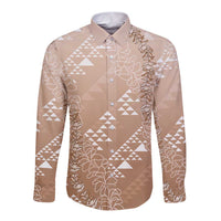 Hawaii Beige Kapa Long Sleeve Button Shirt Vintage 'Ohe Kāpala Motifs Mix Plumeria Leis LT7 Unisex Beige - Polynesian Pride
