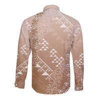 Hawaii Beige Kapa Long Sleeve Button Shirt Vintage 'Ohe Kāpala Motifs Mix Plumeria Leis LT7 - Polynesian Pride