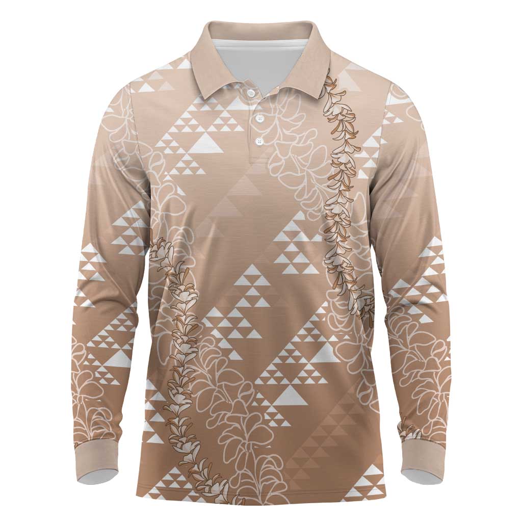 Hawaii Beige Kapa Long Sleeve Polo Shirt Vintage 'Ohe Kāpala Motifs Mix Plumeria Leis LT7 Beige - Polynesian Pride