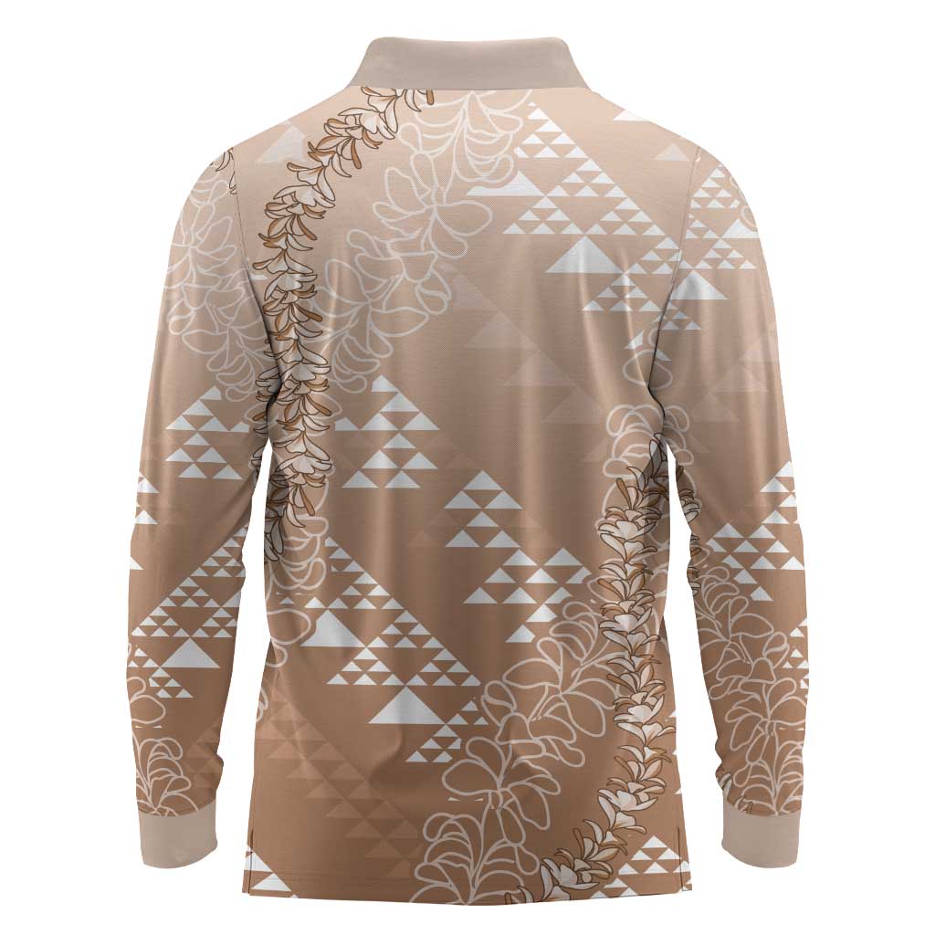 Hawaii Beige Kapa Long Sleeve Polo Shirt Vintage 'Ohe Kāpala Motifs Mix Plumeria Leis LT7 - Polynesian Pride
