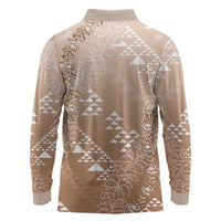 Hawaii Beige Kapa Long Sleeve Polo Shirt Vintage 'Ohe Kāpala Motifs Mix Plumeria Leis LT7 - Polynesian Pride