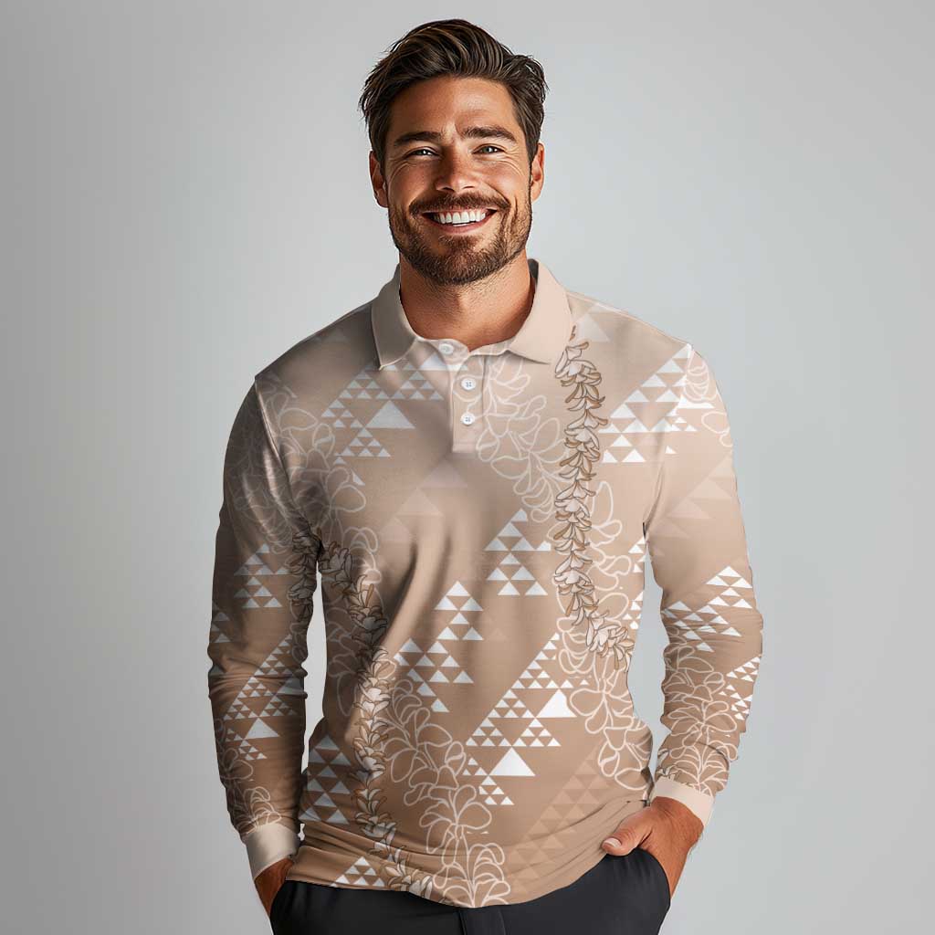 Hawaii Beige Kapa Long Sleeve Polo Shirt Vintage 'Ohe Kāpala Motifs Mix Plumeria Leis LT7 - Polynesian Pride