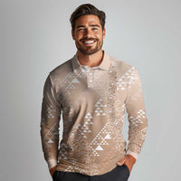 Hawaii Beige Kapa Long Sleeve Polo Shirt Vintage 'Ohe Kāpala Motifs Mix Plumeria Leis LT7 - Polynesian Pride